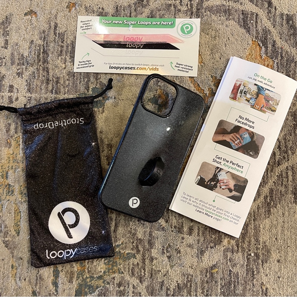 Loopy Case Black Sparkle Phone Case iPhone 12 Max includes pouch and extra loop